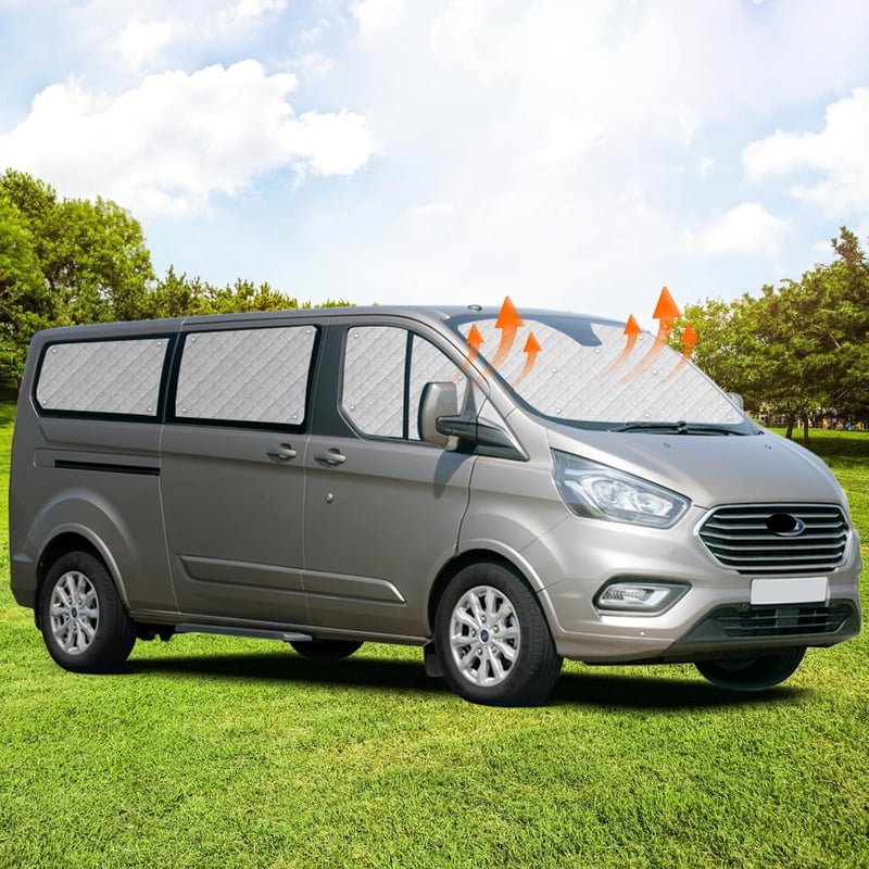 Soekodu Ford Transit Custom SWB Napellenző Szett 2012-2022 - 8 részes Hőszigetelő Belső Roletta Szélvédőre és Ablakokra Tárolótáskával