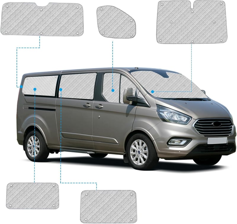 Soekodu Ford Transit Custom SWB Napellenző Szett 2012-2022 - 8 részes Hőszigetelő Belső Roletta Szélvédőre és Ablakokra Tárolótáskával