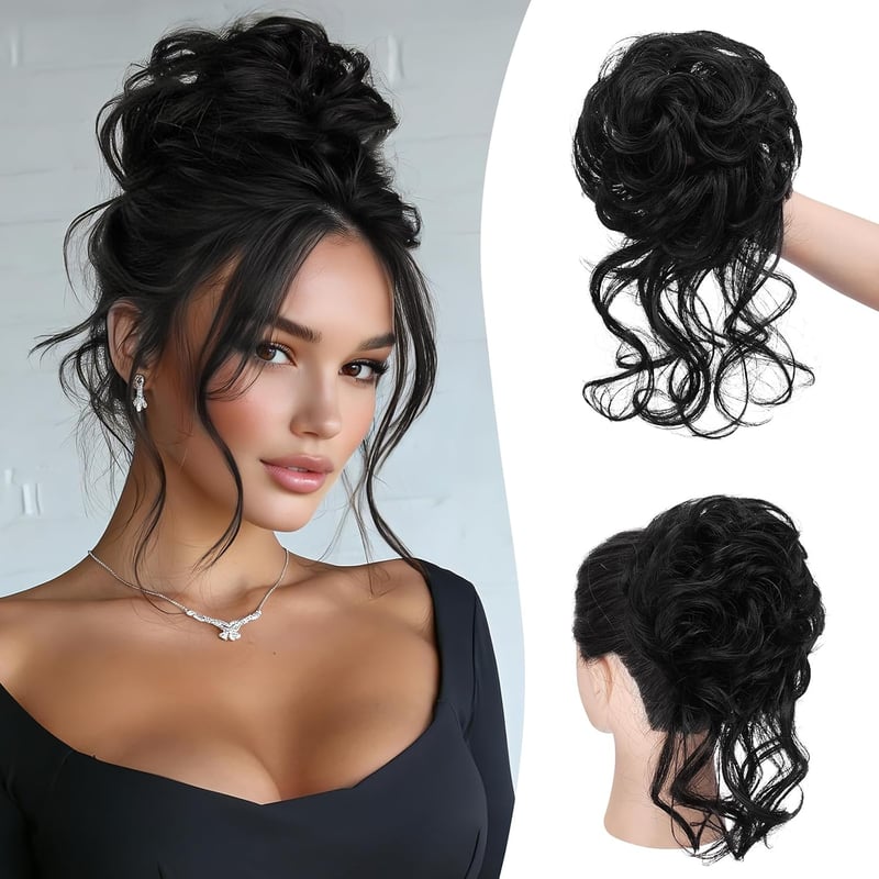 Sofeiyan Messy Bun kontybetét göndör szintetikus hajjal, rugalmas pánttal - fekete