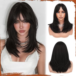 Perucă Sofeiyan lungă și dreaptă cu breton, 40 cm, șaten închis, stratificată, cu aspect natural, din fibră sintetică, pentru femei, potrivită pentru zi cu zi și ocazii speciale