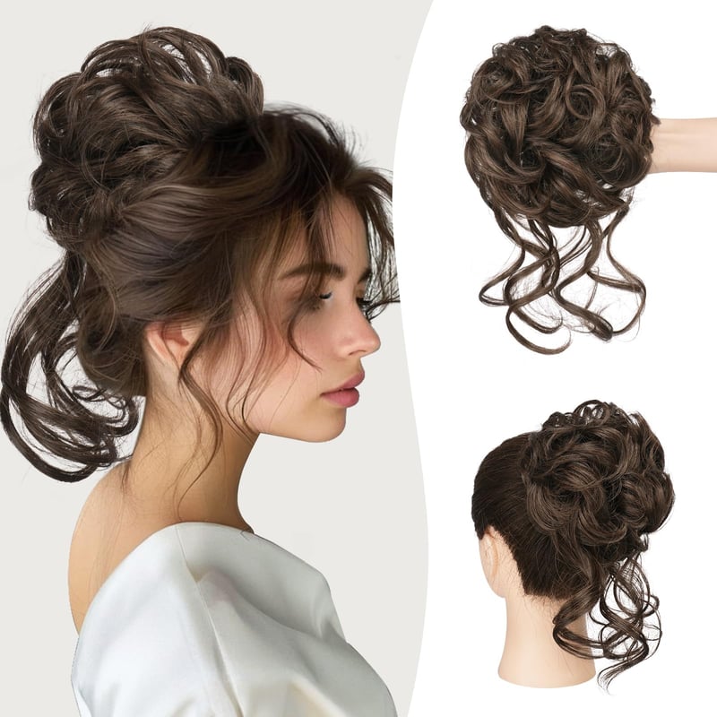 Sofeiyan Messy Bun doplnok do vlasov, špirálový vlnitý príčesok, drdol scrunchie s prameňmi, hnedý mix so svetlou gaštanovou pre ženy