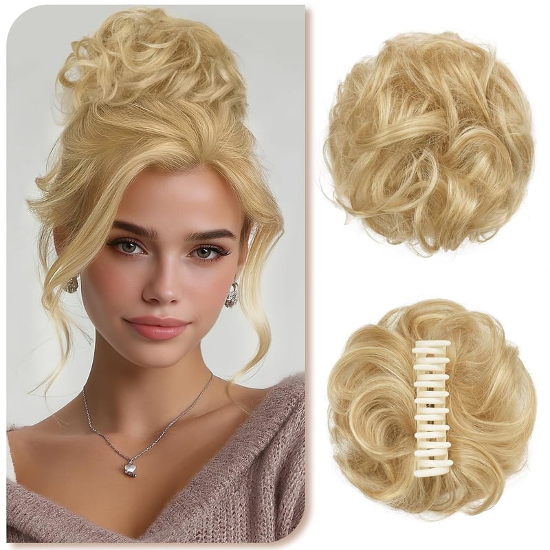 Coc dezordonat Sofeiyan, extensii din păr natural cu clips, bucle ondulate, chignon cu agrafă, blond bej cu șuvițe blond deschis, pentru femei