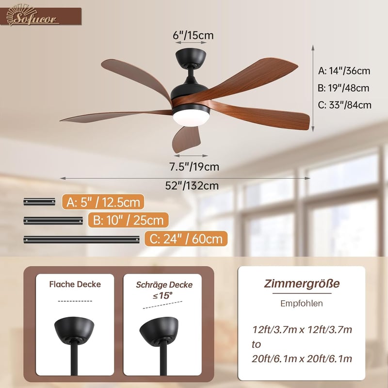 Sofucor 132 cm Mennyezeti Ventilátor Lámpával, Távirányítóval, 6 Fokozat, Időzítő, Hálószobához