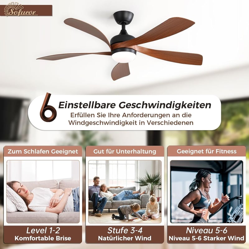 Sofucor 132 cm Mennyezeti Ventilátor Lámpával, Távirányítóval, 6 Fokozat, Időzítő, Hálószobához