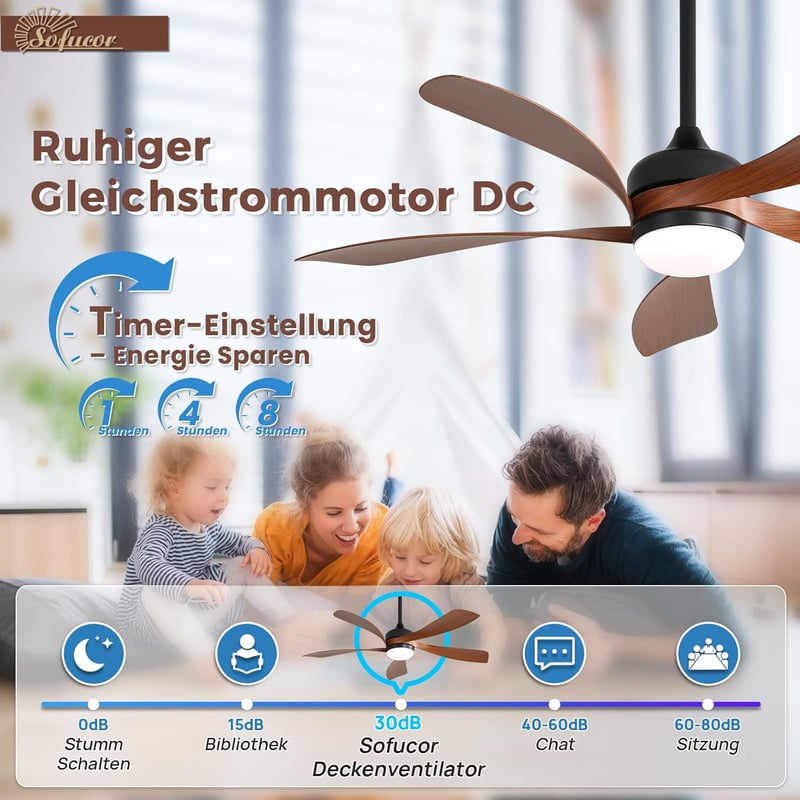 Sofucor 132 cm Mennyezeti Ventilátor Lámpával, Távirányítóval, 6 Fokozat, Időzítő, Hálószobához