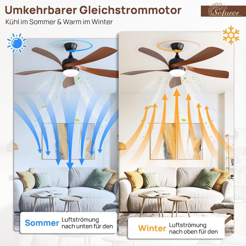 Sofucor 132 cm Mennyezeti Ventilátor Lámpával, Távirányítóval, 6 Fokozat, Időzítő, Hálószobához