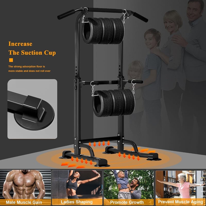 sogesfurniture Power Tower fekete, nyújtó és dip állomás húzódzkodórúddal, magasságállítás 165-210 cm