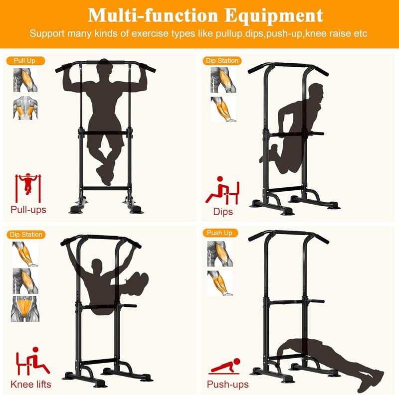 sogesfurniture Power Tower fekete, nyújtó és dip állomás húzódzkodórúddal, magasságállítás 165-210 cm