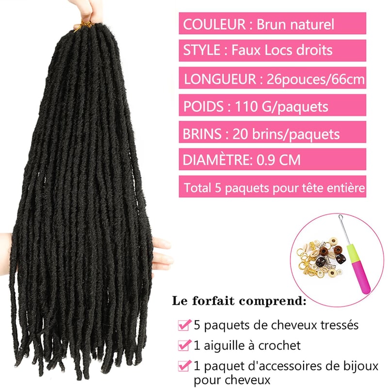 SOKU Műhaj Istennő Locs Szett - 5 Csomag Horgolt Raszta Hajhosszabbítás, Sötétbarna, 66 cm, Szintetikus Puha Fonott Dreadlock