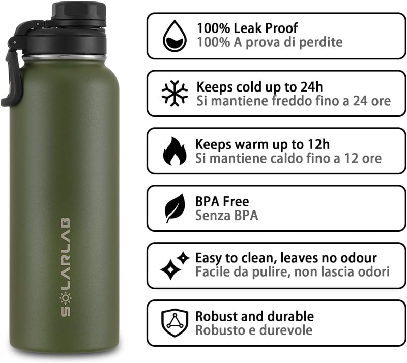SOLARLAB Rozsdamentes Acél Termosz Palack 1,2L Zöld - Hőszigetelt Kulacs Hideg és Meleg Italokhoz Sport és Túrázáshoz