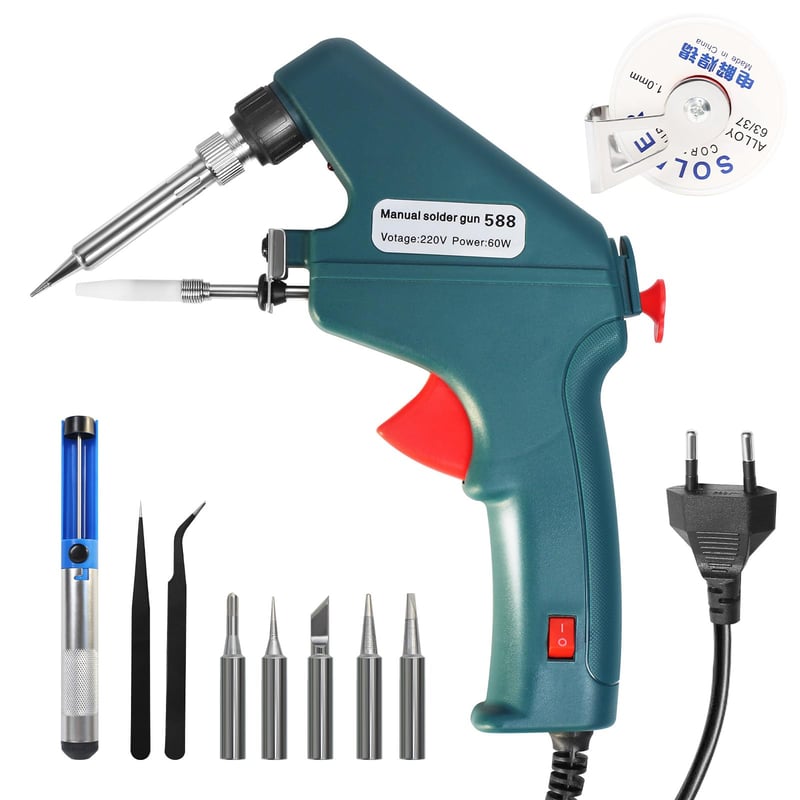Forrasztópáka Készlet 60W 220V Automata Forrasztóón Adagolással, 5 Pótcsúccsal, Csipeszekkel és Forrasztóónnal, Egykezes Kezelés, Használt
