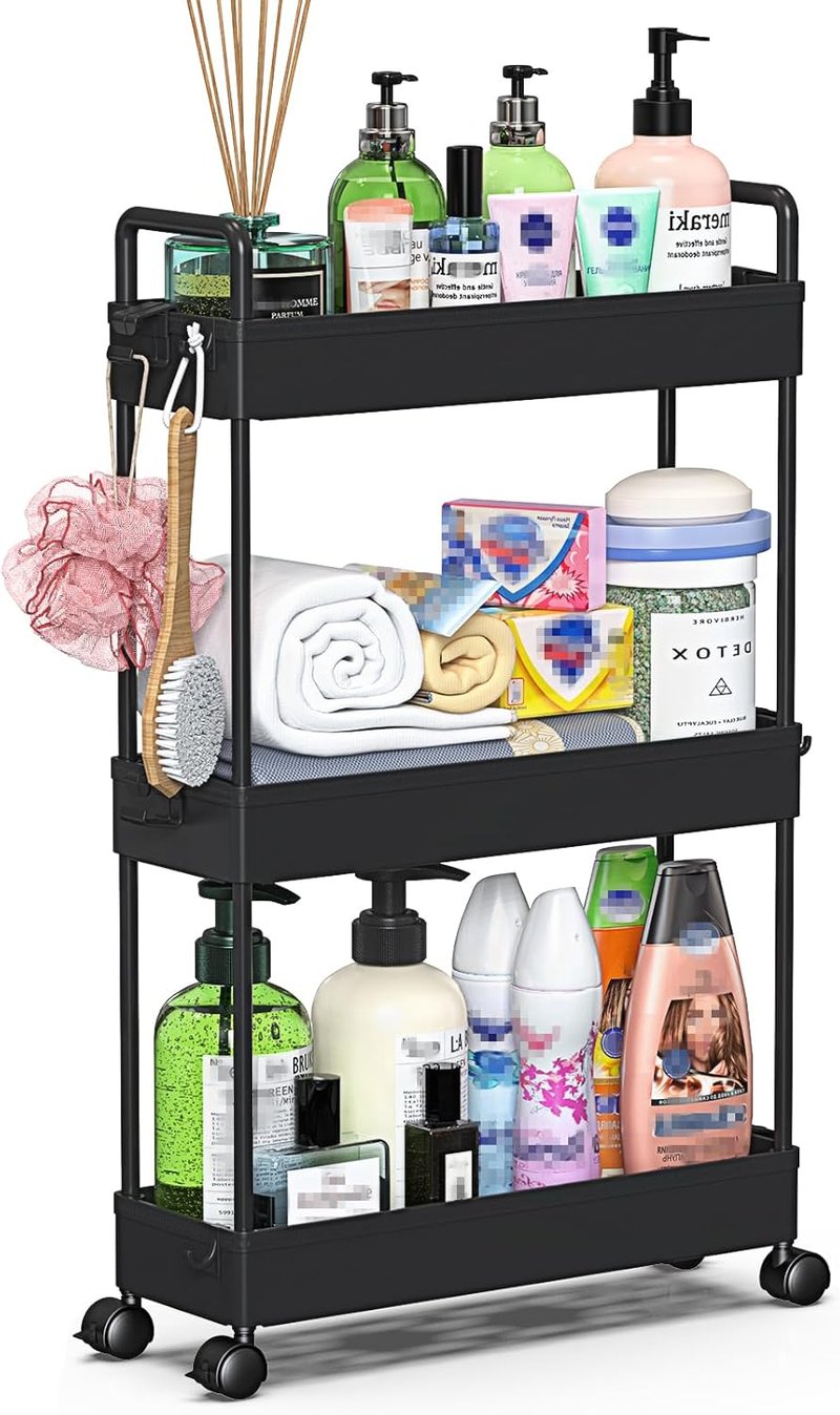 SOLEJAZZ 3 Szintes Keskeny Konyhai Gurulós Polc - Fürdőszobai, Mosókonyhába, Hálószobába - Műanyag Tárolókocsi Fogantyúval, Fekete, 13x40x61 - Black