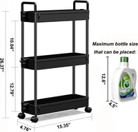 SOLEJAZZ 3 Szintes Keskeny Konyhai Gurulós Polc - Fürdőszobai, Mosókonyhába, Hálószobába - Műanyag Tárolókocsi Fogantyúval, Fekete, 13x40x61 - Black 2