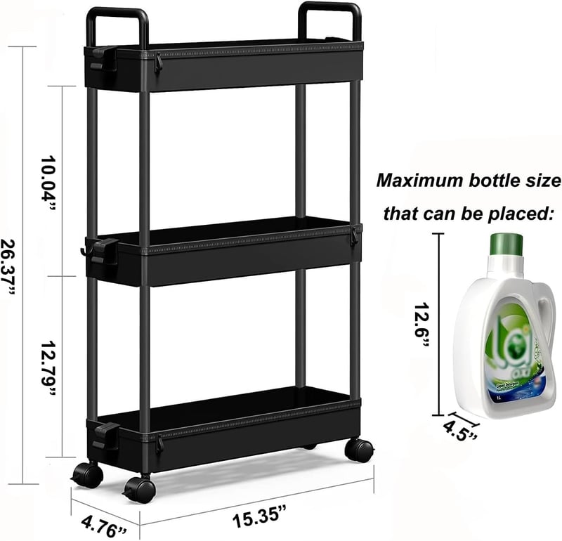 SOLEJAZZ 3 Szintes Keskeny Konyhai Gurulós Polc - Fürdőszobai, Mosókonyhába, Hálószobába - Műanyag Tárolókocsi Fogantyúval, Fekete, 13x40x61 - Black
