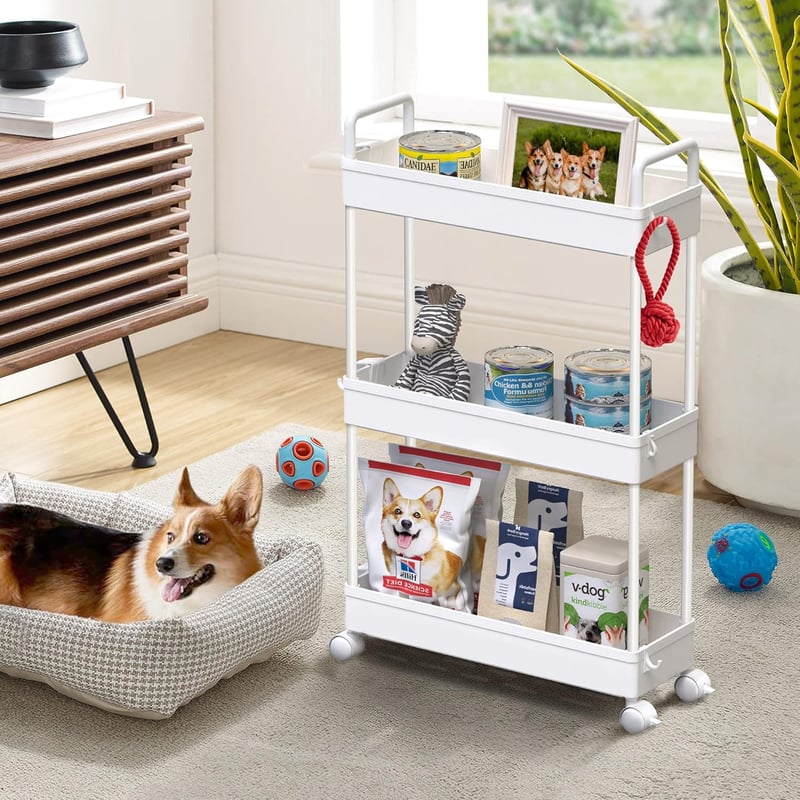 SOLEJAZZ Keskeny Konyhai Gurulós Polc 3 Szintes, Fehér Műanyag Tárolókocsi Fürdőszobába, Mosókonyhába, Hálószobába, Szűk Helyekre, 13x40x61 