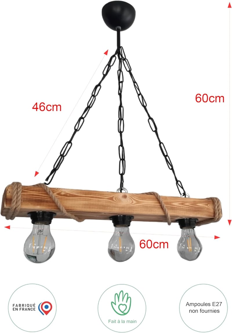 solenzo Fa és Kötél Függőlámpa - Rusztikus Ipari Stílusú Mennyezeti Csillár, 3 E27 Foglalat, Természetes Fa, 60 cm