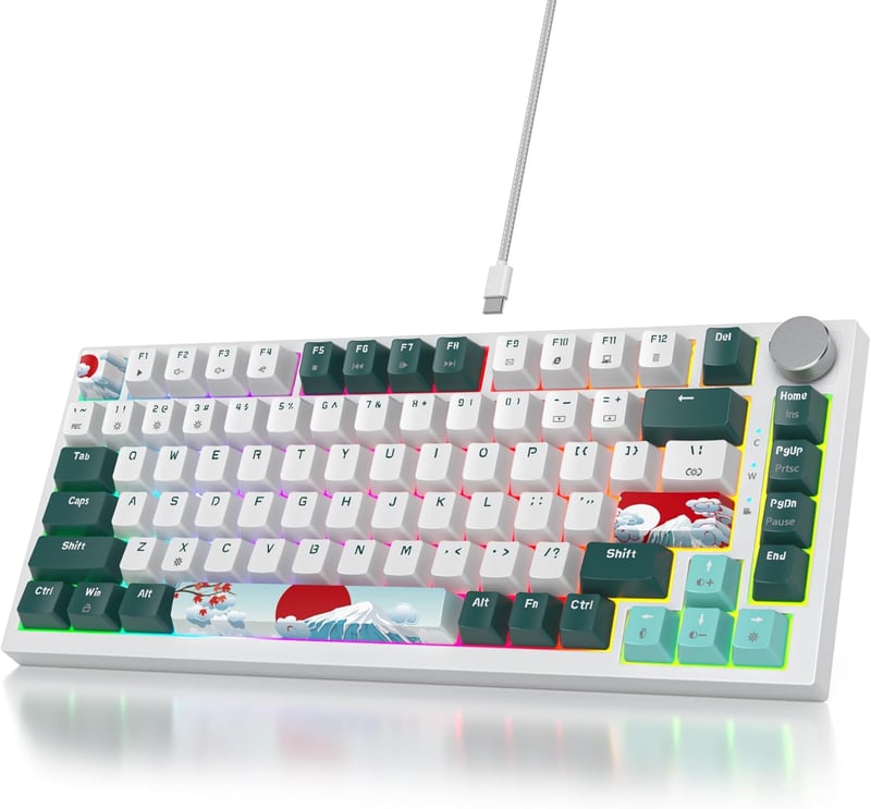 SOLIDEE 75% Vezetékes Mechanikus Gamer Billentyűzet, Hot-swap, RGB Háttérvilágítás, Gasket Szerkezet, TKL 82 Gombos, Forgógombbal (Forest)