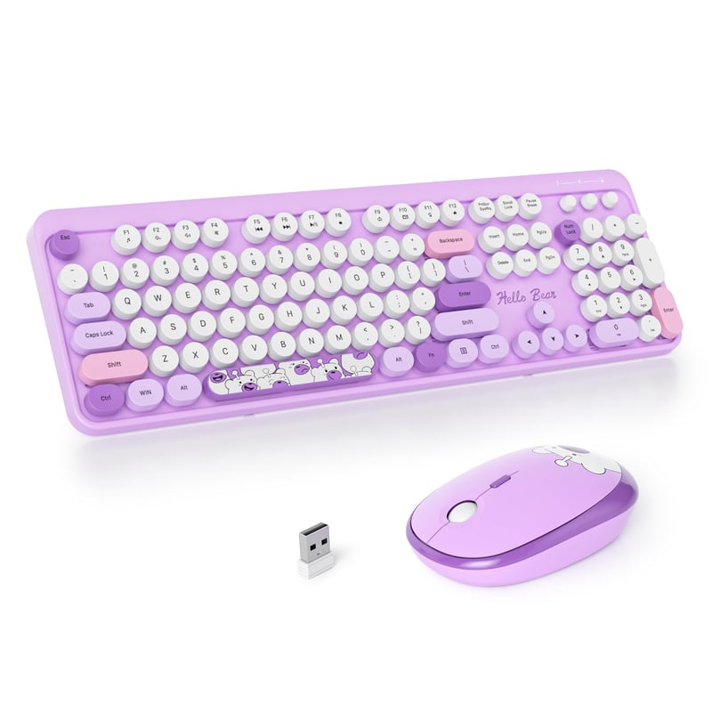 SOLIDEE bezdrôtová súprava klávesnice a myši v štýle retro písacieho stroja, 104 klávesov s numerickou klávesnicou, 2,4 GHz, fialová (Bear Purple)