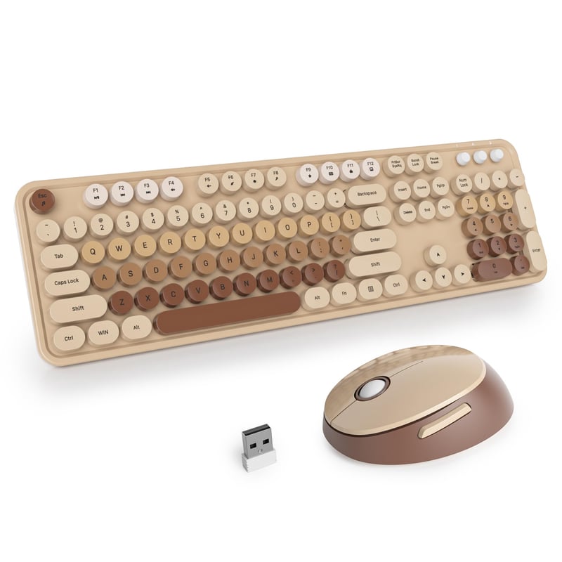 SOLIDEE bežični set tipkovnice i miša u retro stilu pisaćeg stroja, 104 tipke, s numeričkim dijelom - Mixed Coffee