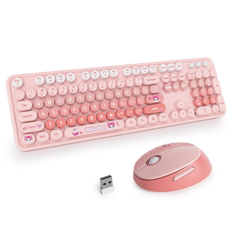 SOLIDEE retro bežični set tipkovnice i miša, 104 tipke, QWERTY – ružičasta