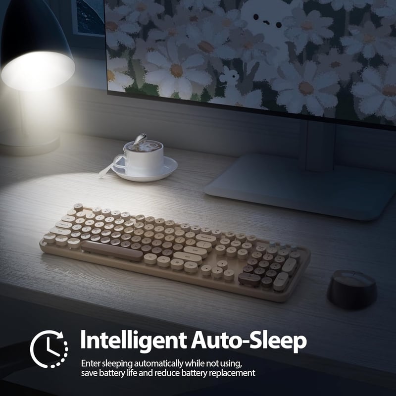 SOLIDEE Wireless Billentyűzet és Egér Szett, Retro Gépírógép Stílusú, 2.4 GHz, 104 Gomb, Numerikus Billentyűzet - Mixed Colour Coffee/American (QWERTY)