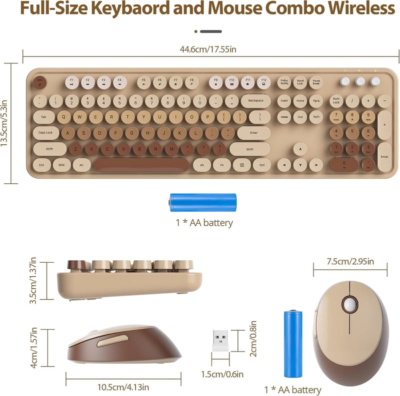 SOLIDEE Wireless Billentyűzet és Egér Szett, Retro Gépírógép Stílusú, 2.4 GHz, 104 Gomb, Numerikus Billentyűzet - Mixed Colour Coffee/American (QWERTY)