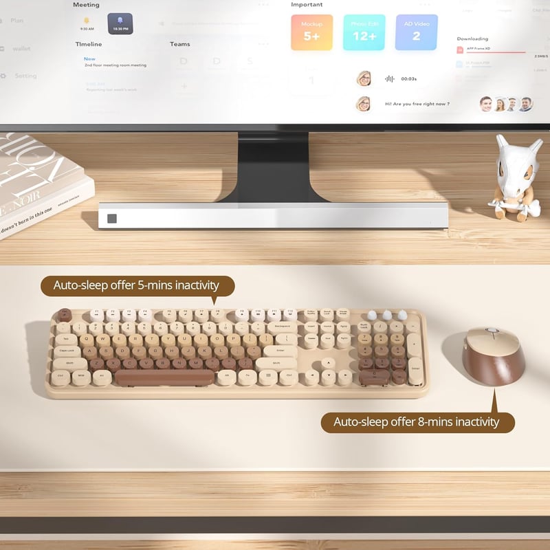 SOLIDEE Wireless Billentyűzet és Egér Szett, Retro Gépírógép Stílusú, 2.4 GHz, 104 Gomb, Numerikus Billentyűzet - Mixed Colour Coffee/American (QWERTY)