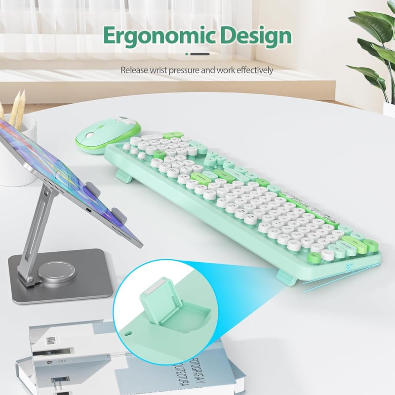 SOLIDEE Wireless Billentyűzet és Egér Szett - Retro Gépírógép Stílus, 2.4GHz, 104 Gomb, Numerikus Billentyűzet, Ergonomikus, Zöld