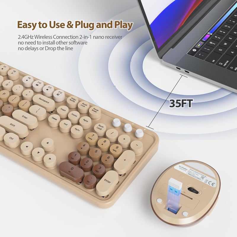 SOLIDEE Wireless Billentyűzet és Egér Szett, Retro Gépírógép Stílusú, 2.4 GHz, 104 Gomb, Numerikus Billentyűzet - Mixed Colour Coffee/American (QWERTY)