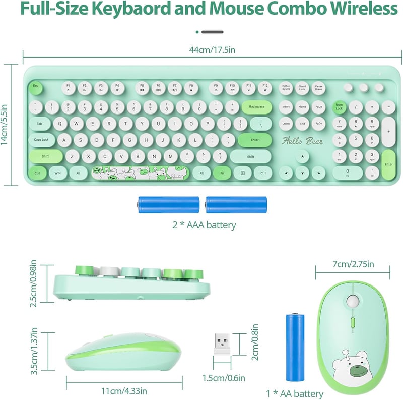 SOLIDEE Wireless Billentyűzet és Egér Szett - Retro Gépírógép Stílus, 2.4GHz, 104 Gomb, Numerikus Billentyűzet, Ergonomikus, Zöld