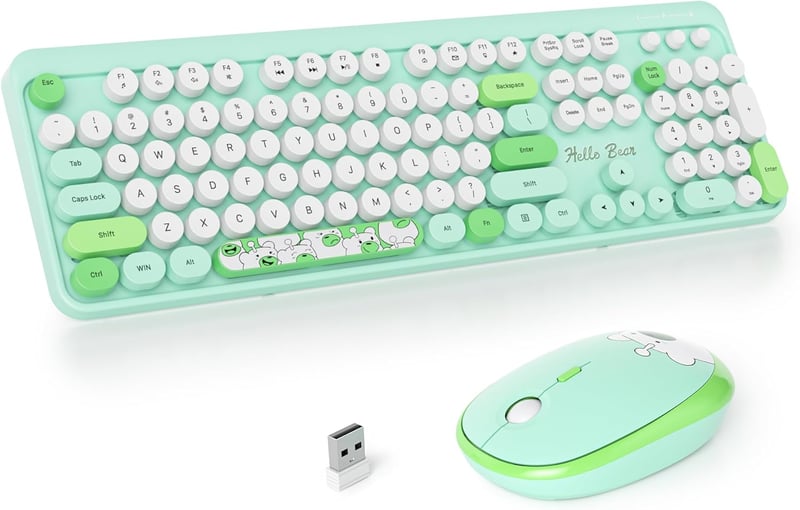 SOLIDEE Wireless Billentyűzet és Egér Szett - Retro Gépírógép Stílus, 2.4GHz, 104 Gomb, Numerikus Billentyűzet, Ergonomikus, Zöld