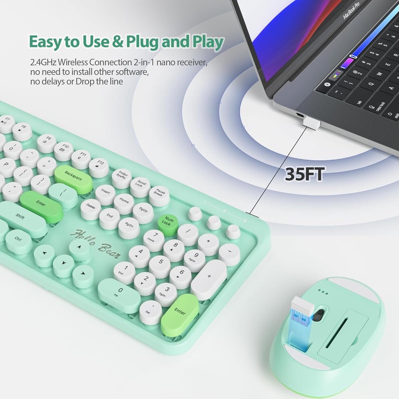 SOLIDEE Wireless Billentyűzet és Egér Szett - Retro Gépírógép Stílus, 2.4GHz, 104 Gomb, Numerikus Billentyűzet, Ergonomikus, Zöld