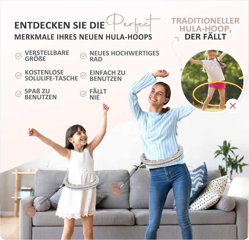 Solulife Hula Hoop Felnőtteknek Fogyáshoz és Masszázshoz, 24 Darabos Állítható Karika Súlygolyóval, ABS Anyag, Taupe Szín