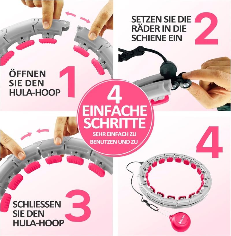 Solulife Hula Hoop Felnőtteknek Fogyáshoz és Masszázshoz, 24 Darabos Súlygolyós Karika Szürke-Rózsaszín, Állítható Méret