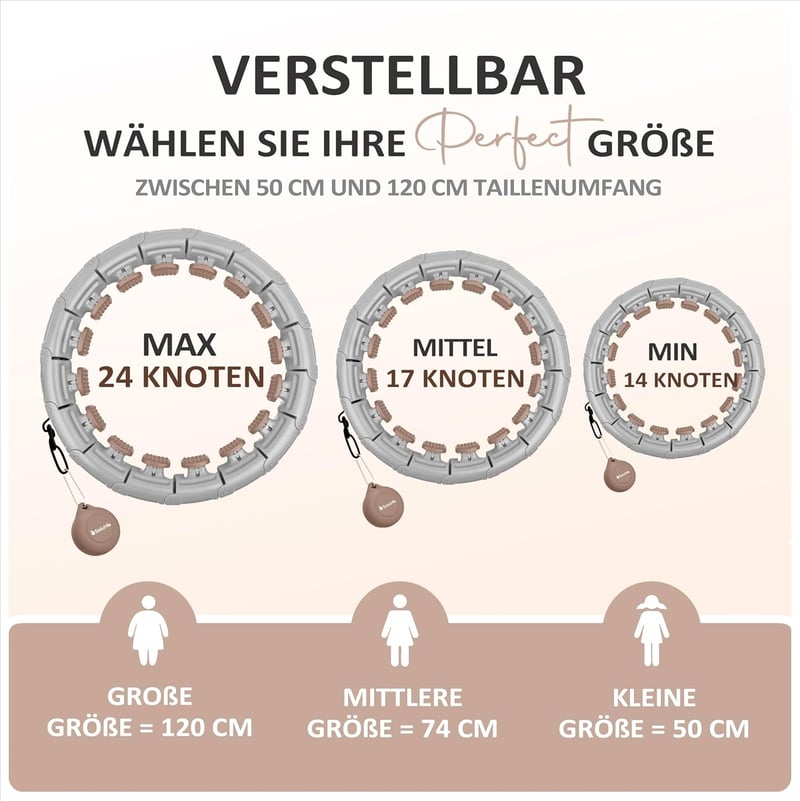 Solulife Hula Hoop Felnőtteknek Fogyáshoz és Masszázshoz, 24 Darabos Állítható Karika Súlygolyóval, ABS Anyag, Taupe Szín