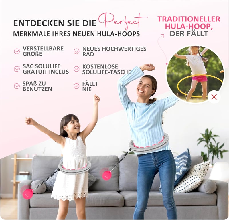 Solulife Hula Hoop Felnőtteknek Fogyáshoz és Masszázshoz, 24 Darabos Súlygolyós Karika Szürke-Rózsaszín, Állítható Méret