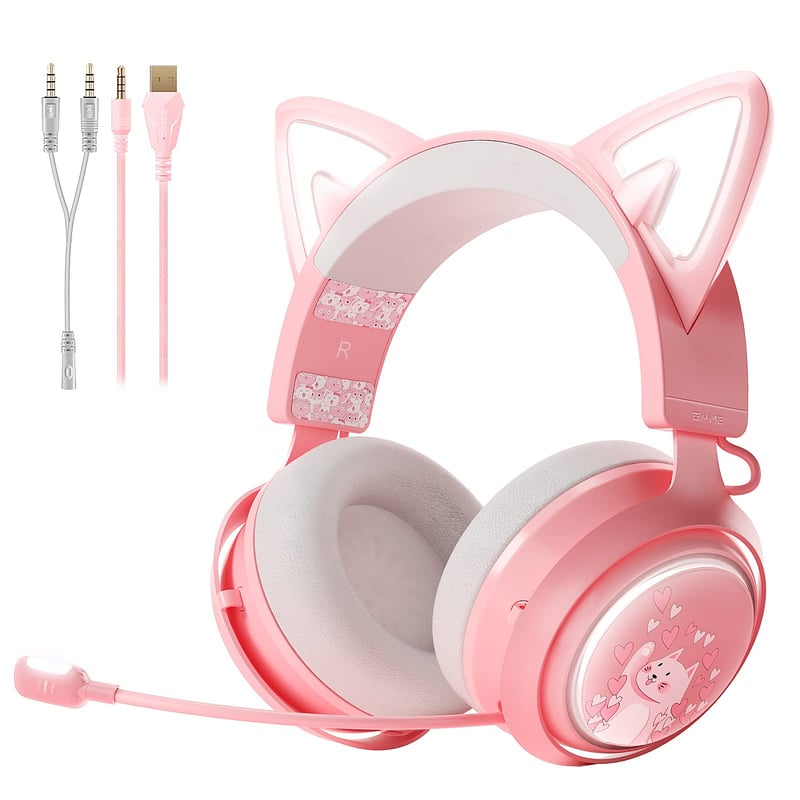 Herné slúchadlá Somic s mikrofónom, headset s mačacími ušami, 3,5 mm káblové slúchadlá s výsuvným mikrofónom s potlačením hluku, pre Xbox One, PS5, PS4, PC, ružové