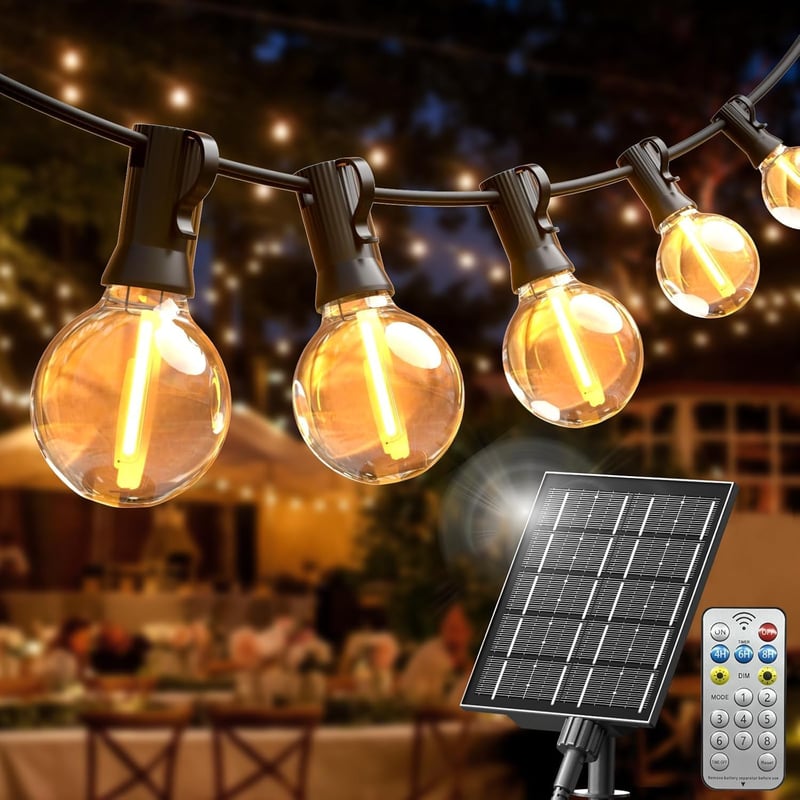 Ghirlandă luminoasă solară de exterior cu LED-uri SON4SUN, 20 m, 30 becuri G40 plus 2 becuri G40 de rezervă, rezistentă la apă IP44, alb cald, pentru grădină, terasă, nuntă