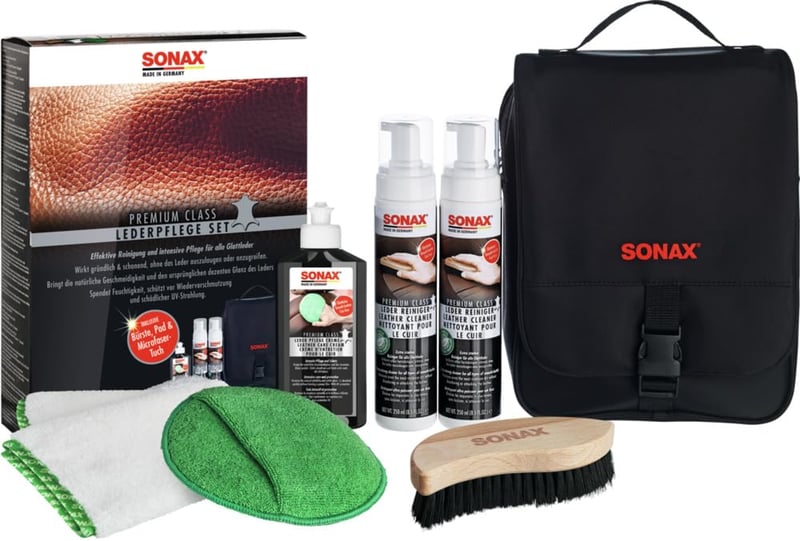 Set de întreținere a pielii Sonax PremiumClass 3x250 ml - 2x Soluție de curățare piele, 1x Cremă de îngrijire piele, lavetă din microfibră, aplicator, perie de curățare