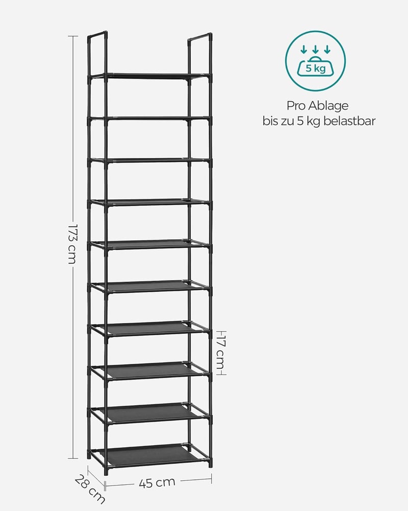 SONGMICS 10 szintes cipőtartó szekrény 173 cm magas fém váz fekete