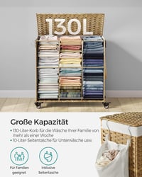 SONGMICS 140L 3 rekeszes szennyesgyűjtő kosár fedéllel, kerekekkel és kivehető zsákkal - 140 L (66 x 33 x 66 cm), 2-Natural 7