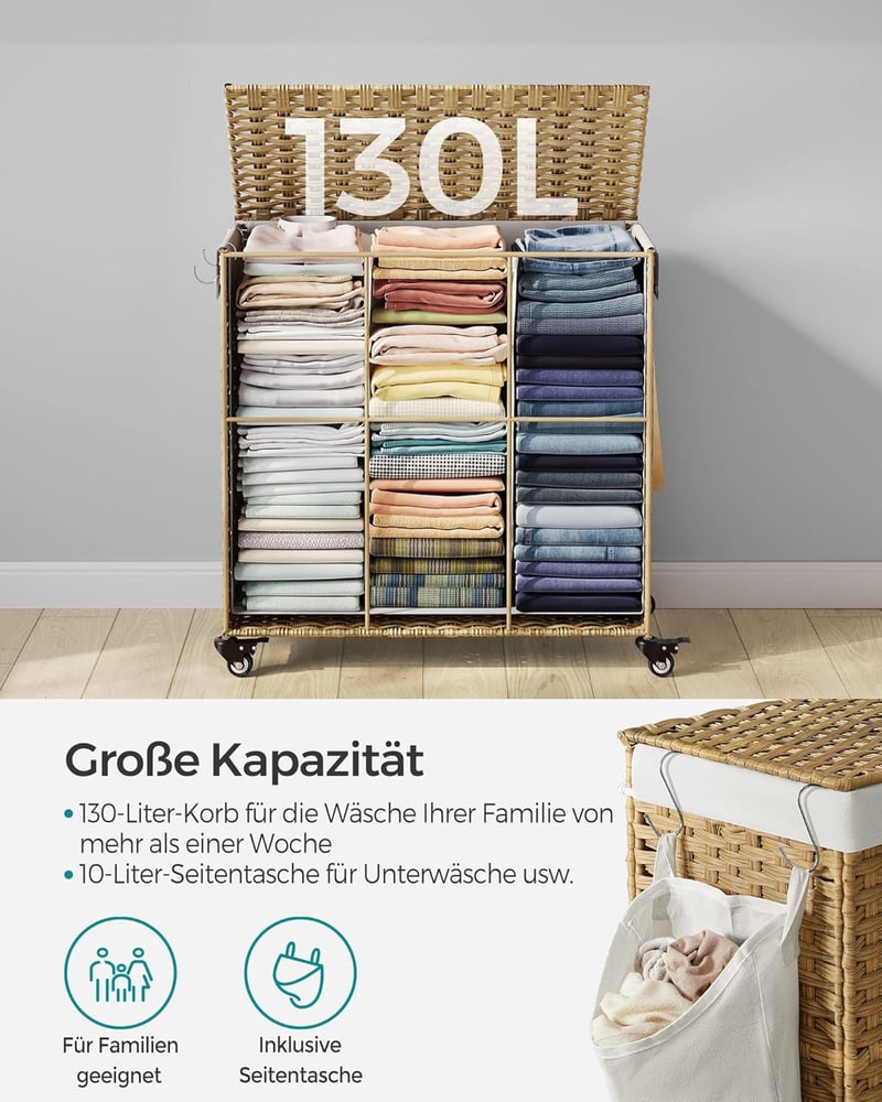 SONGMICS 140L 3 rekeszes szennyesgyűjtő kosár fedéllel, kerekekkel és kivehető zsákkal - 140 L (66 x 33 x 66 cm), 2-Natural