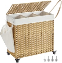 SONGMICS 140L 3 rekeszes szennyesgyűjtő kosár fedéllel, kerekekkel és kivehető zsákkal - 140 L (66 x 33 x 66 cm), 2-Natural 1