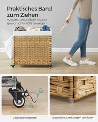 SONGMICS 140L 3 rekeszes szennyesgyűjtő kosár fedéllel, kerekekkel és kivehető zsákkal - 140 L (66 x 33 x 66 cm), 2-Natural 4