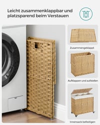 SONGMICS 140L 3 rekeszes szennyesgyűjtő kosár fedéllel, kerekekkel és kivehető zsákkal - 140 L (66 x 33 x 66 cm), 2-Natural 9