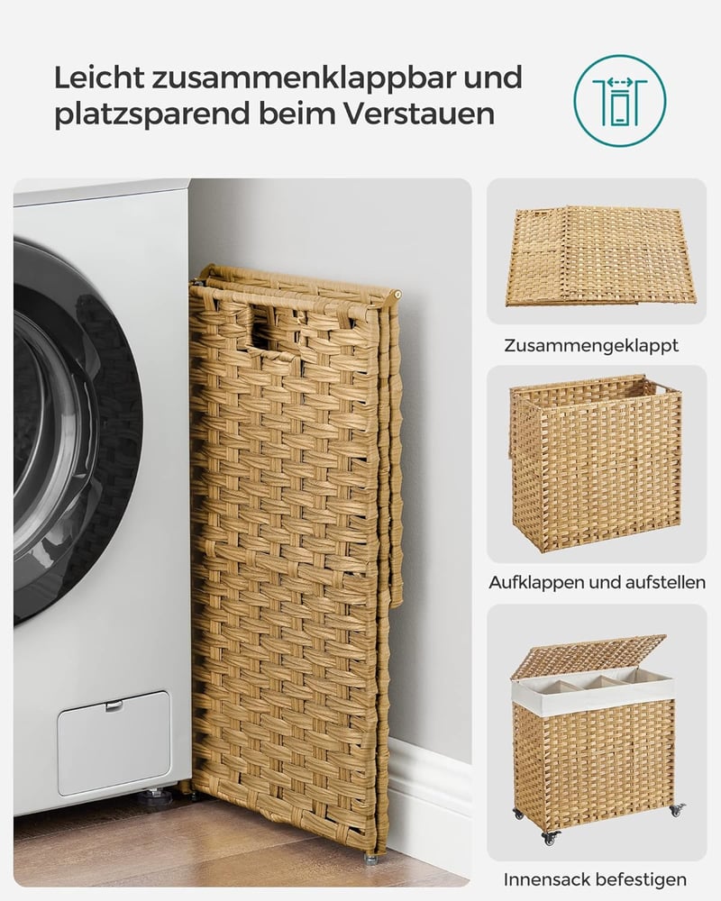 SONGMICS 140L 3 rekeszes szennyesgyűjtő kosár fedéllel, kerekekkel és kivehető zsákkal - 140 L (66 x 33 x 66 cm), 2-Natural