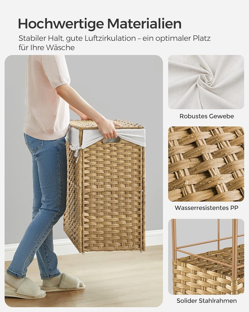 SONGMICS 140L 3 rekeszes szennyesgyűjtő kosár fedéllel, kerekekkel és kivehető zsákkal - 140 L (66 x 33 x 66 cm), 2-Natural