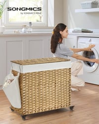 SONGMICS 140L 3 rekeszes szennyesgyűjtő kosár fedéllel, kerekekkel és kivehető zsákkal - 140 L (66 x 33 x 66 cm), 2-Natural 2