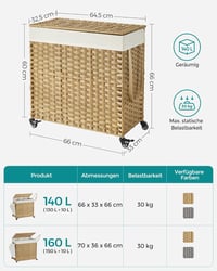 SONGMICS 140L 3 rekeszes szennyesgyűjtő kosár fedéllel, kerekekkel és kivehető zsákkal - 140 L (66 x 33 x 66 cm), 2-Natural 6
