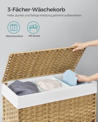 SONGMICS 140L 3 rekeszes szennyesgyűjtő kosár fedéllel, kerekekkel és kivehető zsákkal - 140 L (66 x 33 x 66 cm), 2-Natural 3